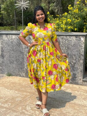 Most favourite yellow floral 3 tier maxi