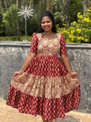 Mahroon mix printed mid length 3 tier maxi (limited stock)