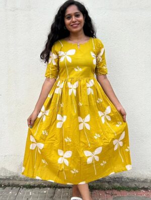 Lemon Yellow White floral mid length Dress 🍋🌸