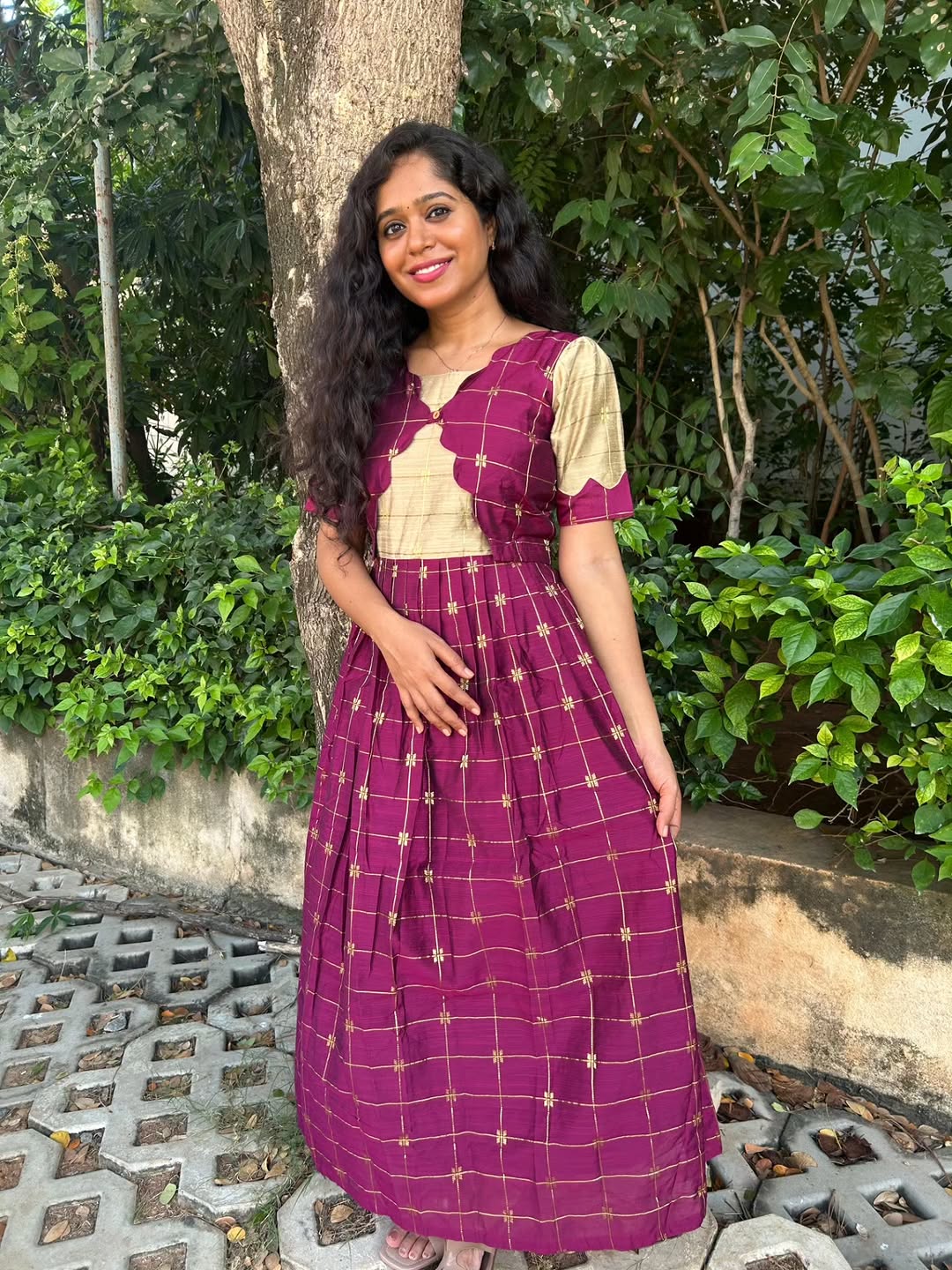 Royal Wine Anarkali with Golden Checks 👑