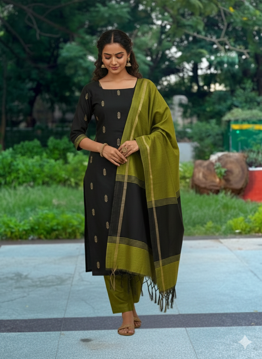 Karu Megam – Black Raw Silk Salwar Suit with Cotton Lining