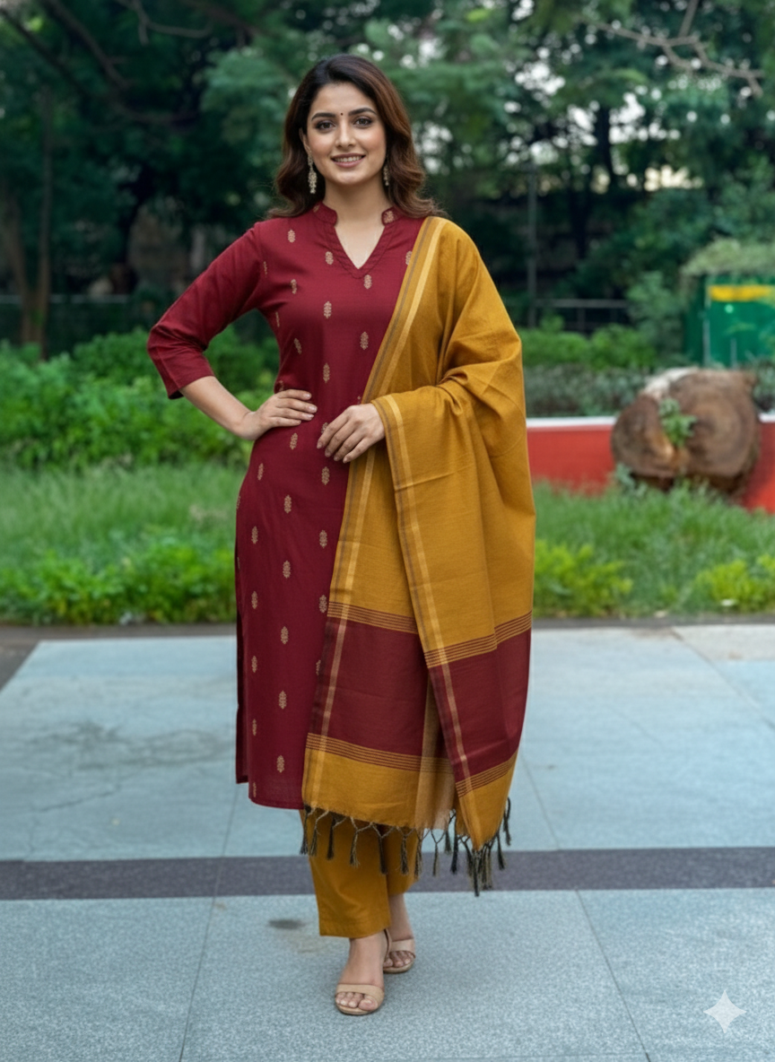 Moody mahroon Raw silk 3 piece set