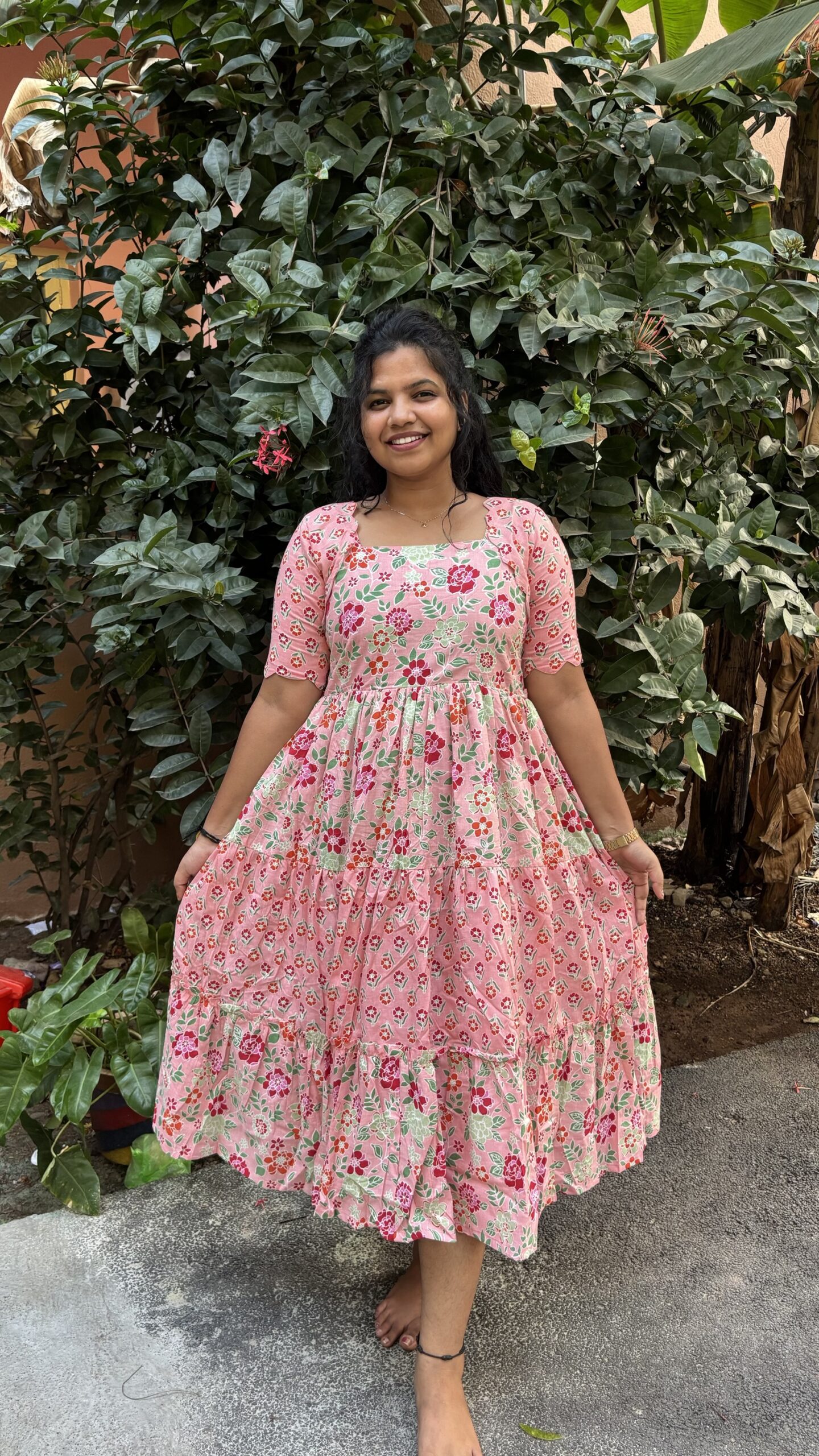 Pink Floral Cotton 3 Tier Mid length maxi