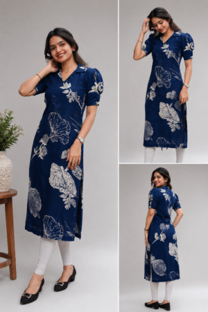Indigo Bloom - Navy Botanical Collar Kurti