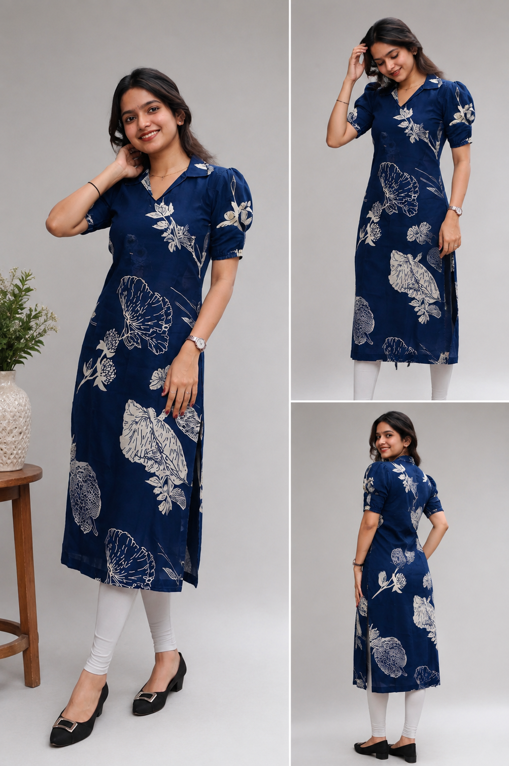 Indigo Bloom - Navy Botanical Collar Kurti