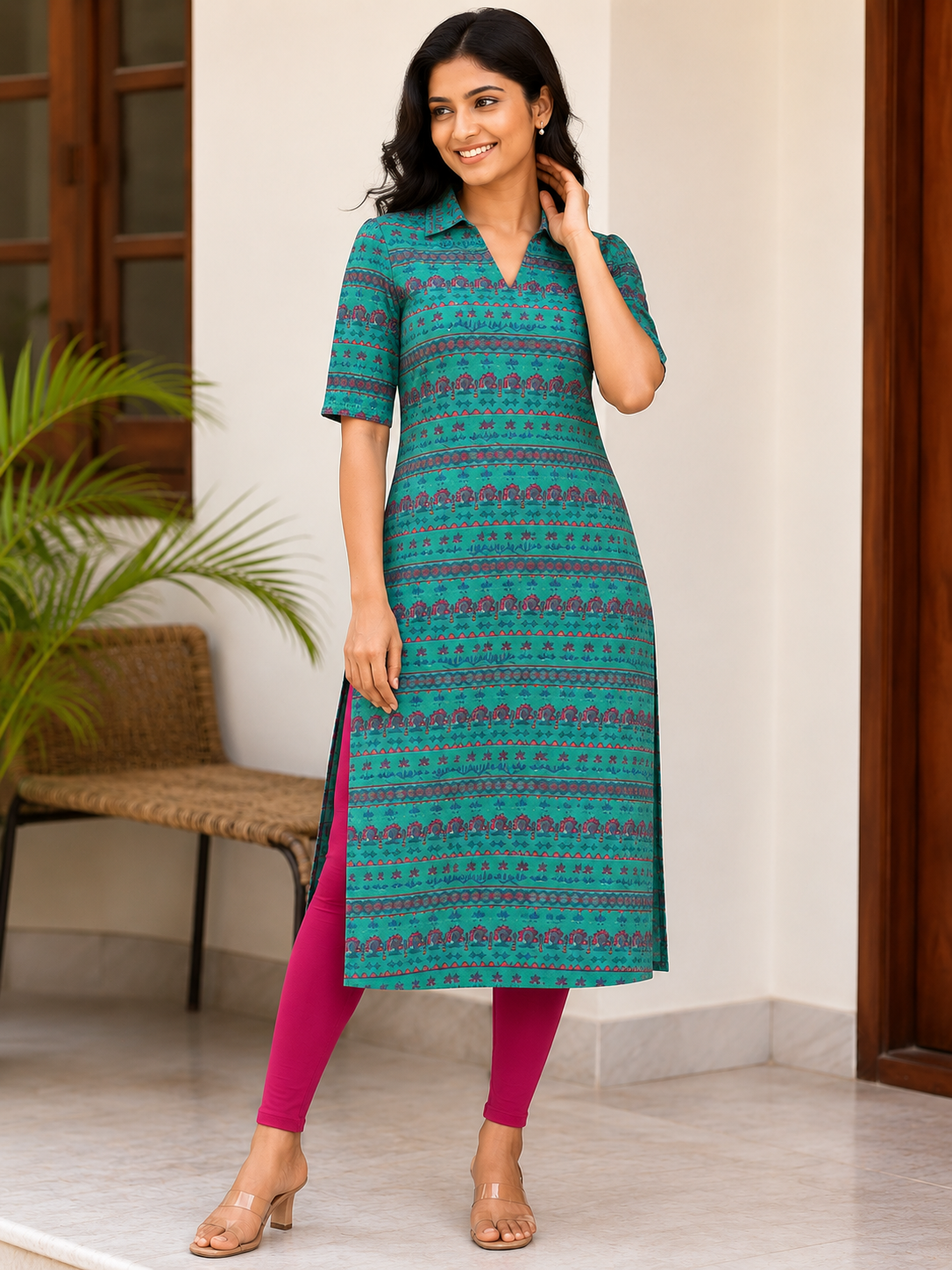 Teal Tribal Collared Everyday Kurta