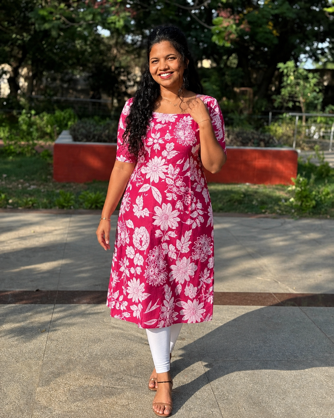 Berry Blush - Redish Pink Floral Square Neck Cotton Kurti Dress