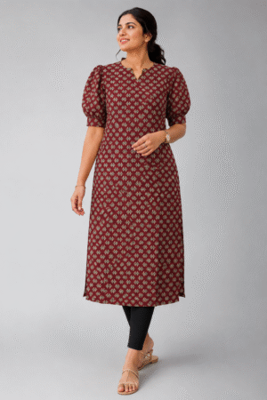 Mehroon Magic - Maroon Butti Print Puff Sleeve Kurta