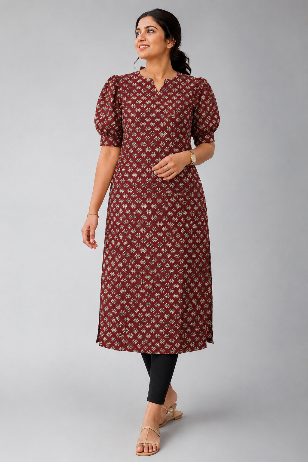 Mehroon Magic - Maroon Butti Print Puff Sleeve Kurta